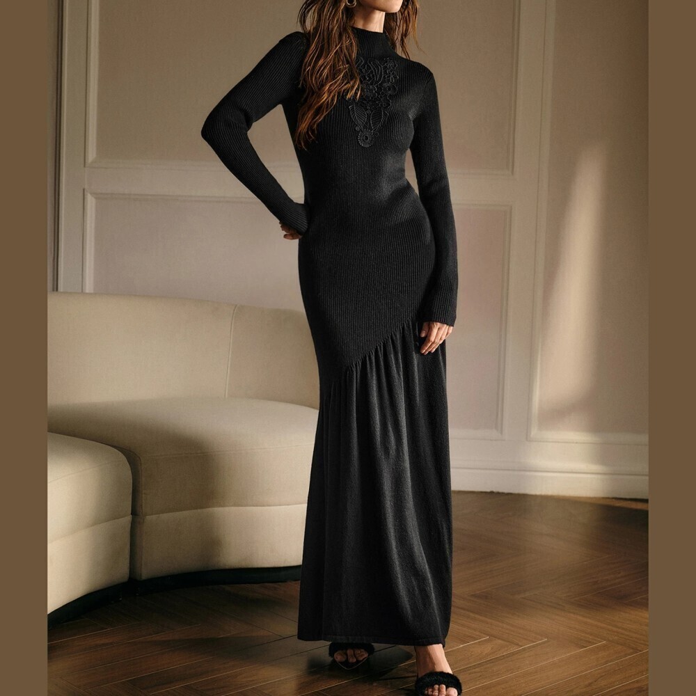Black Ribbed Knit Floral Lace Stand Collar Long Sleeve Maxi Sweater Dress